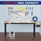WORKPRO 72" Adjustable Workbench, 3000 LBS Load Capacity Hardwood Garage Workbench with Power Outlets, Rubberwood Top Heavy-Duty Workstation for Workshop, Garage