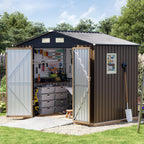 6x8FT Outdoor Metal Storage Shed, Double Door, 1 Clear Window, Tool Shed for Garden, Patio, Backyard Brown