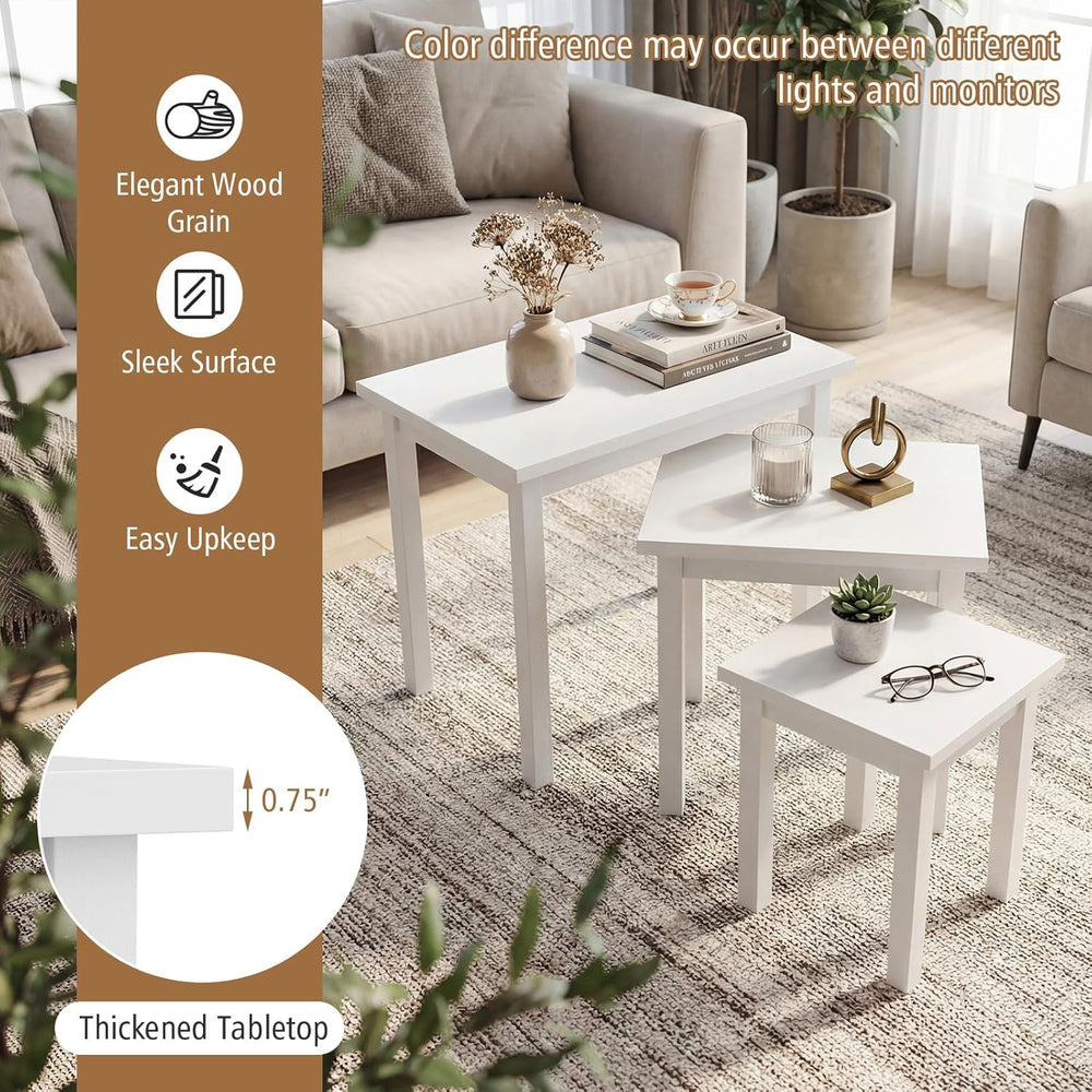 Giantex Nesting Tables Set of 3, Farmhouse Stacking Side Table with Rubber Le...