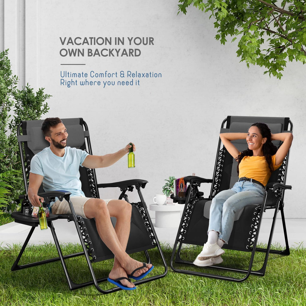 Nestl Padded Oversized Zero Gravity Chair, XL Folding Outdoor Lounge Chair | Adjustable Headrest, Cup Holder & Side Tray, Support 330 LBS, Anti Gravity Reclining, For Patio, Camping & Beach, Black/Grey