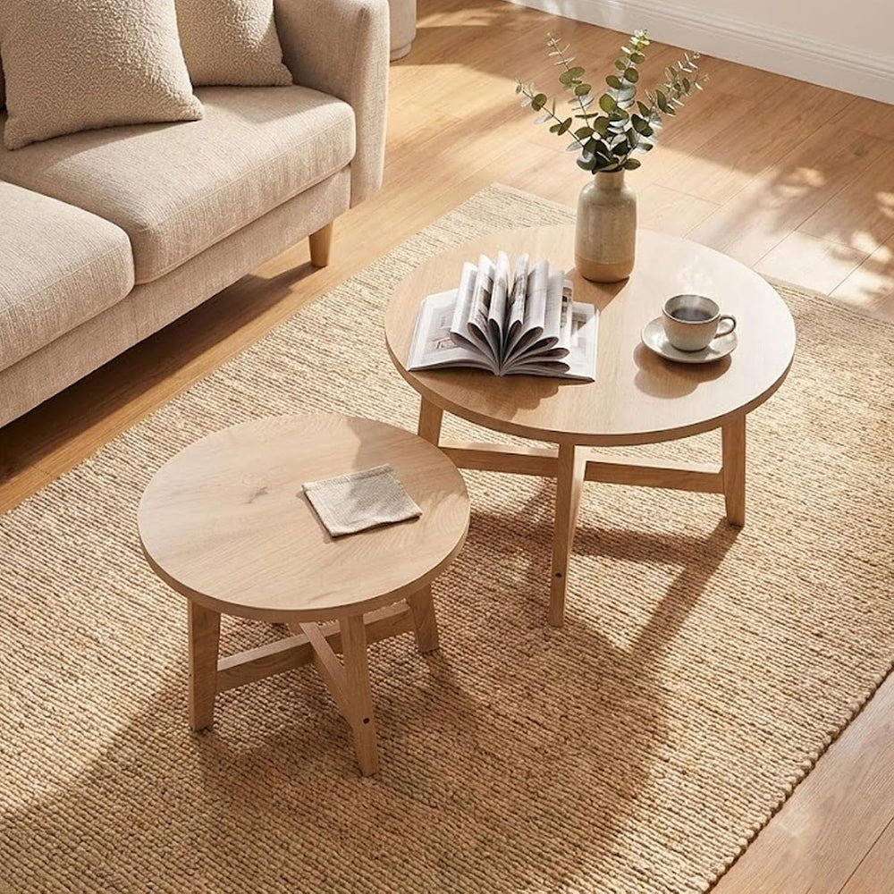 Round Nesting Tables Set of 2, Modern Coffee Table for Living Room (Natural)