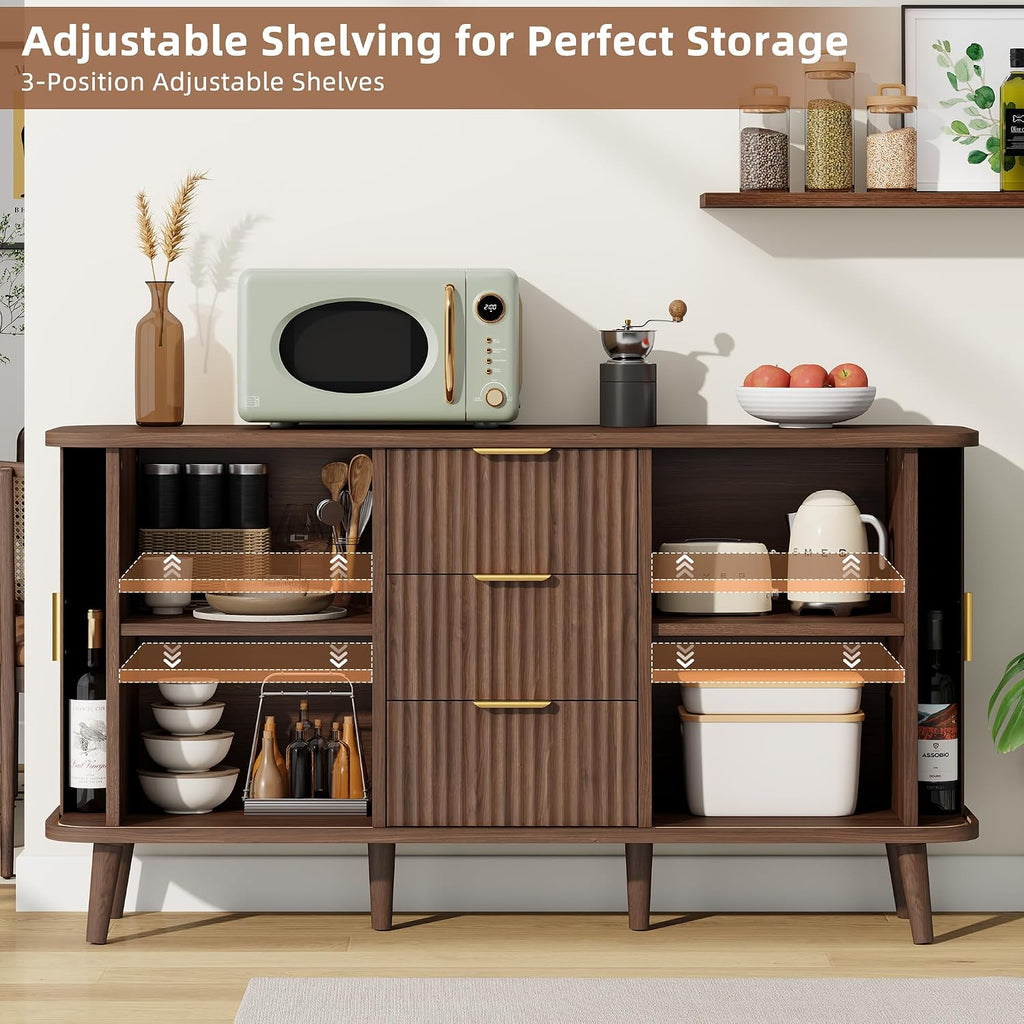 Lulive Walnut Buffet Cabinet, 55" Wide Sideboard Buffet Storage Cabinet | Rolling & Sliding Doors, 3 Wood Drawers, Bar Cabinet for Dining Room, Adjustable Shelves, Wooden Legs