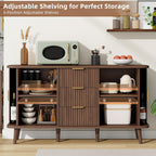 Lulive Walnut Buffet Cabinet, 55" Wide Sideboard Buffet Storage Cabinet | Rolling & Sliding Doors, 3 Wood Drawers, Bar Cabinet for Dining Room, Adjustable Shelves, Wooden Legs