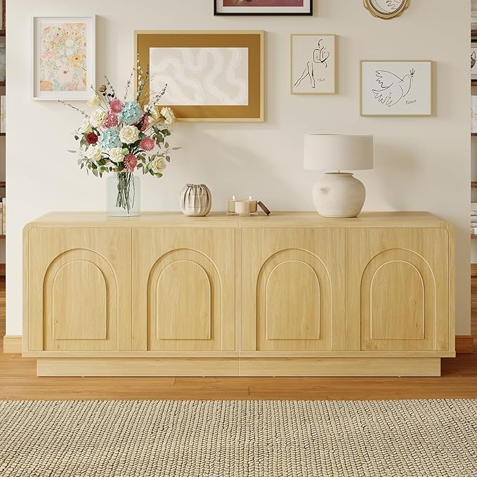 Bestier 63" Mid Century Modern TV Stand for Living Room, Wood Media Console Cabinet for TVs up to 70", Entertainment Center with 4 Arched Doors, Hidden Storage & Adjustable Shelves, Natural Oak