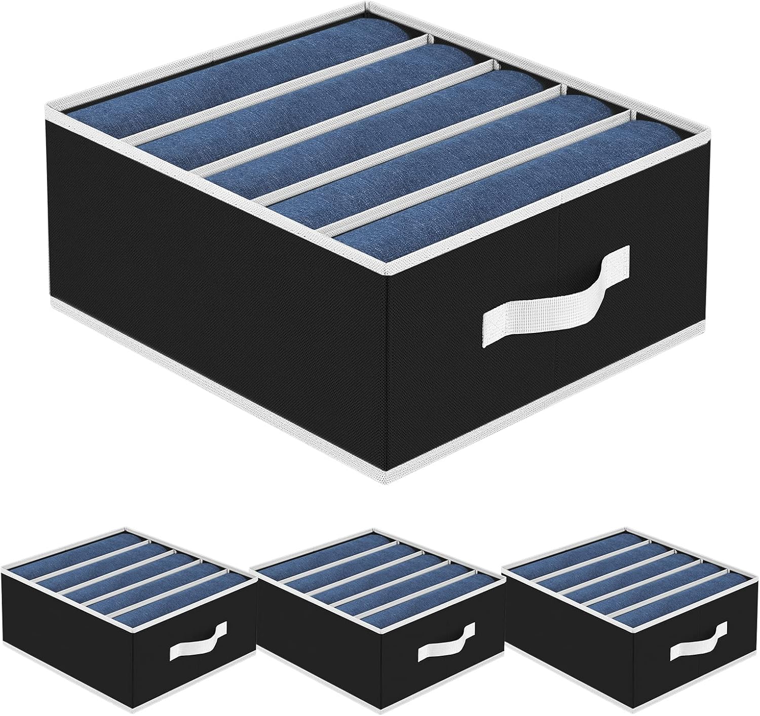 Jeans Organizer - Wardrobe Clothes Organizer with 5 Cells, Closet Organizers and Storage for Jeans, Sweater, Pants Organizers for Closet, Shelves, 4 Pack (Black)