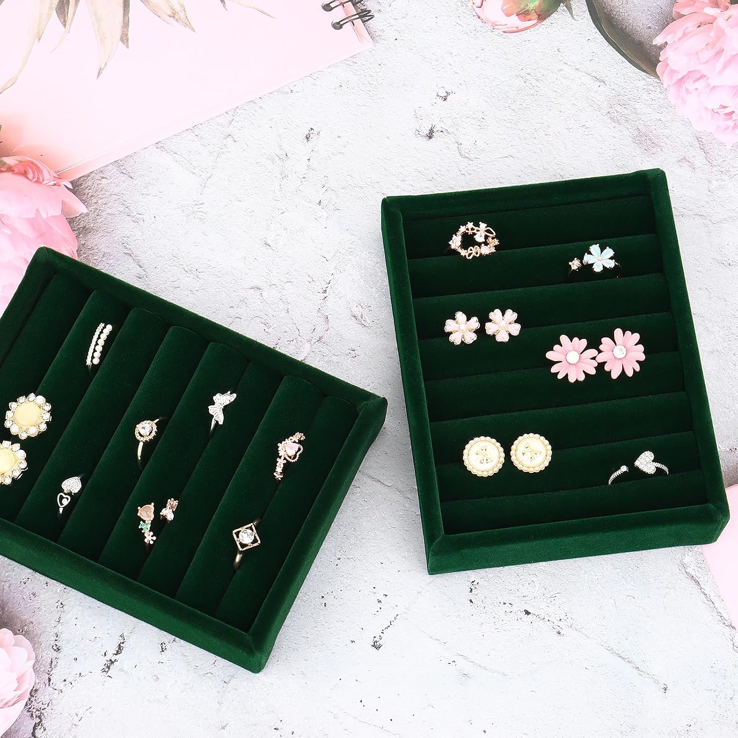 DesignSter Small Jewelry Tray-Ring Organizer 2PCS Premium Velvet Rings Earrings Display Tray Storage Insert Holder for Jewelry Box, Drawer, Dresser (8 Slots, Green)