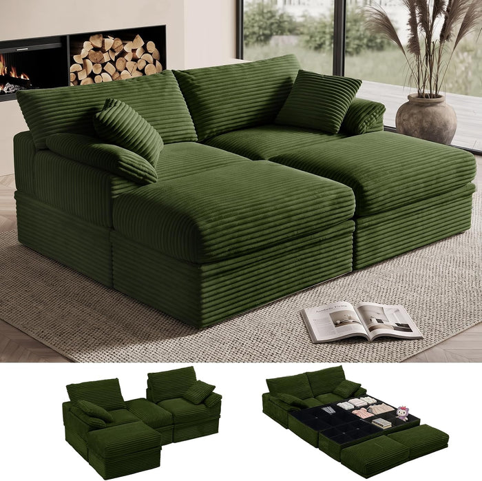 71" Modular Loveseat Sofa with Storage, 2-Seater Boneless Couch with Ottoman, 48.6" Deep Seat Corduroy Cloud Couch for Small Spaces Apartment, Tool-Free Assembly, Green