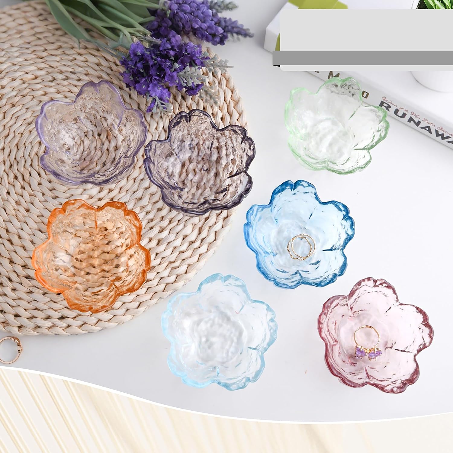Blue Glass Ring Holder Dish, Cherry Blossom Style Decorative Glass Bowl, Small Jewelry Trinket Key Holder Tray for Women