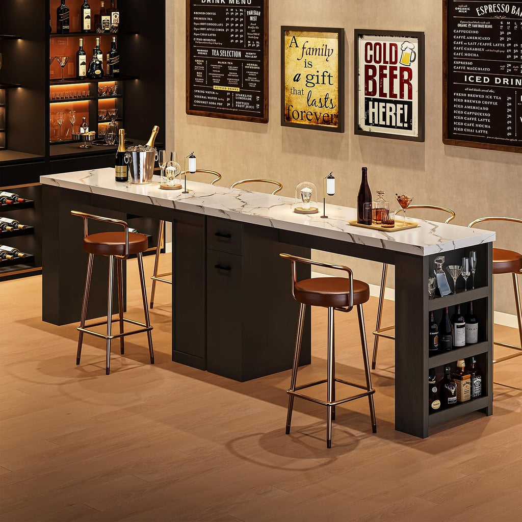Kitchen Island Table, 59-Inch Modern Counter Height Dining Table | kitchen table w/Pull-Basket Drawer, 3-Tier Shelves,1.5"Thick Marble Tabletop, Bar Table for Dining Living Room Balcony Bistro