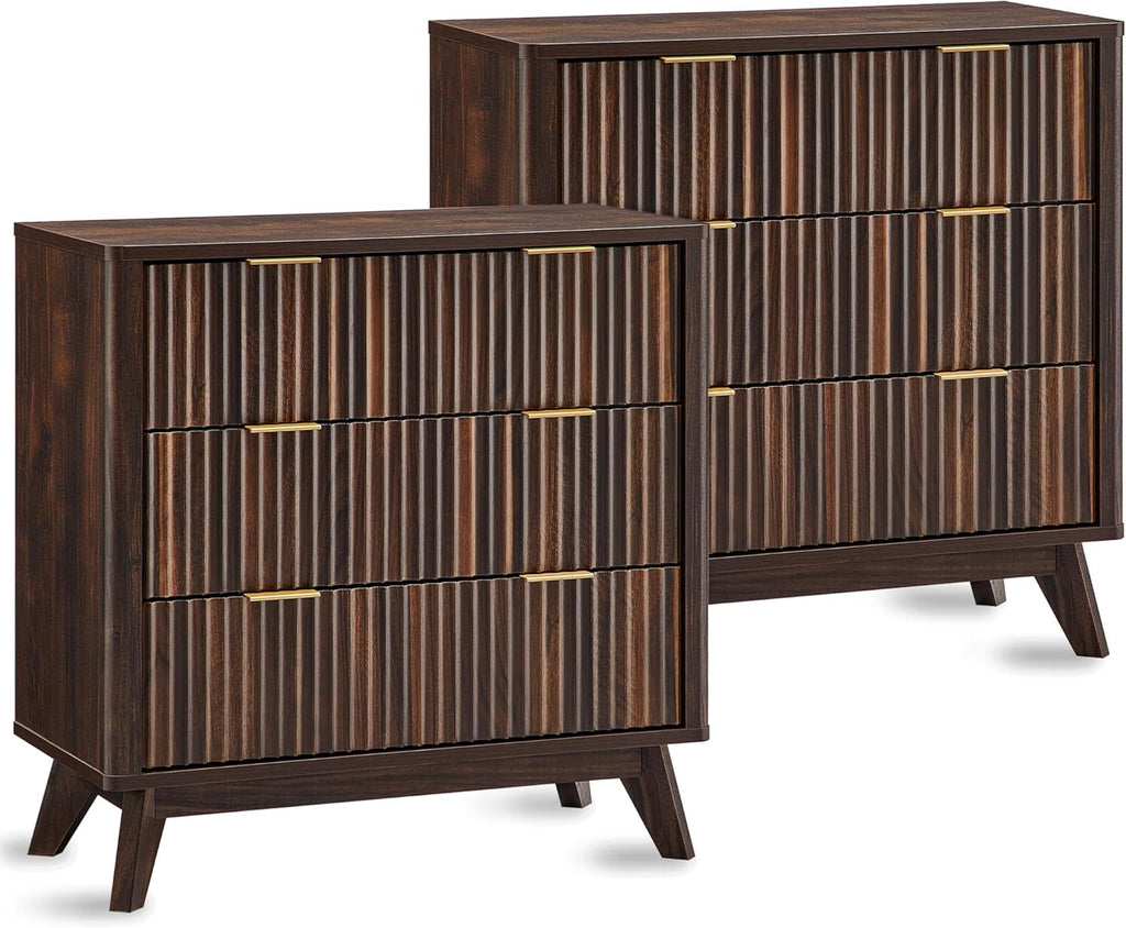 T4TREAM Fluted 3 Drawers Nightstand Set of 2, Oversized Extra Large Modern Side Table, End Table Bedside for Bedroom, Living Room, Curved Profile Design, Dark Walnut