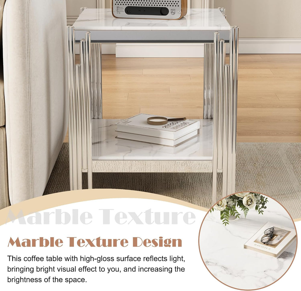19" White Marble Side Table, 2-Tier Square Modern End Table with Silver ...