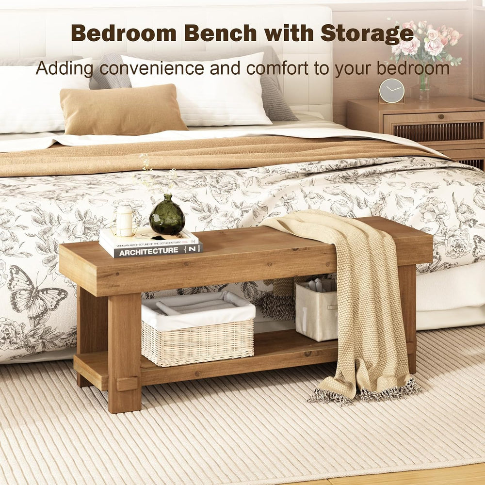 Solid Wood Bench - 42.5" Long Farmhouse Entryway Bench, Narrow End of Be...