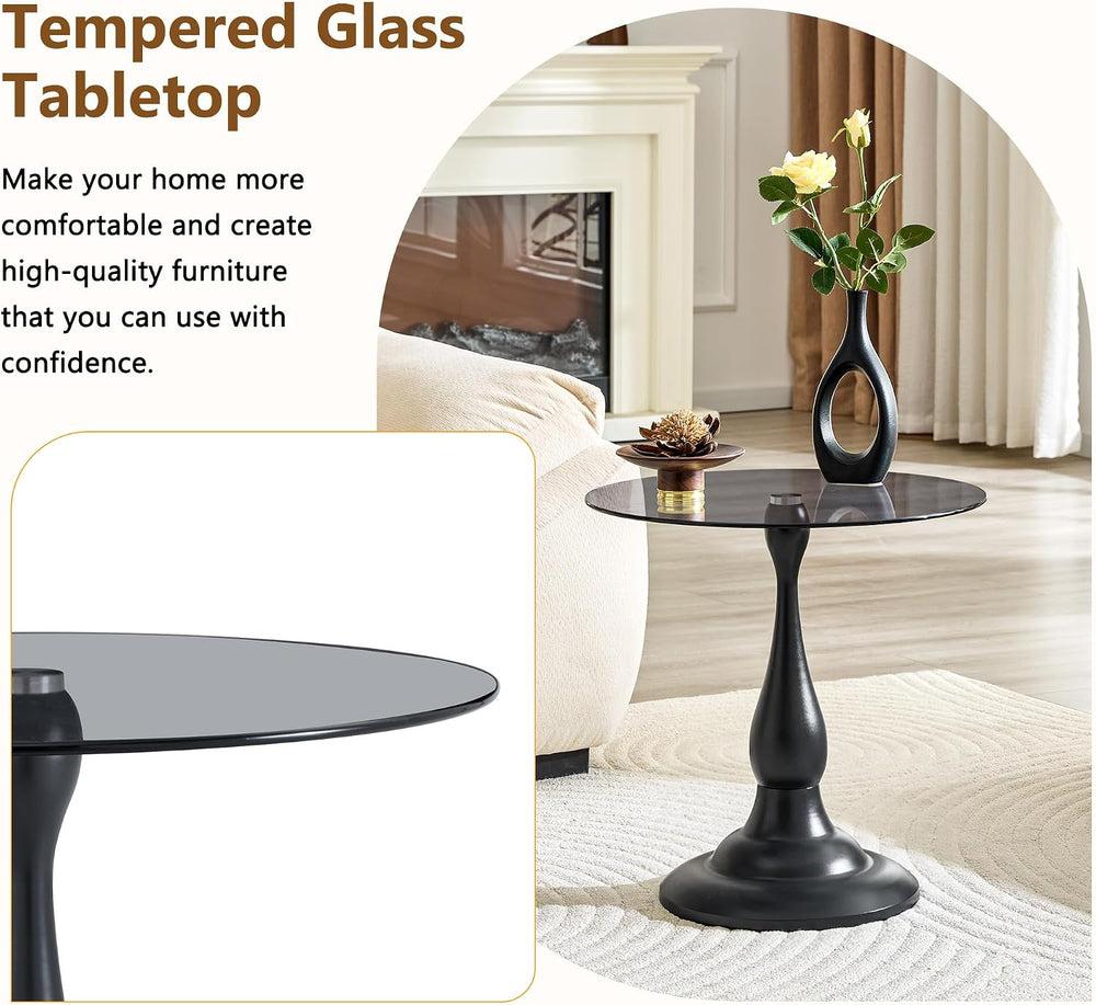 Modern Round Side Table, Gray Glass Top End Table with Black Metal Pedestal B...
