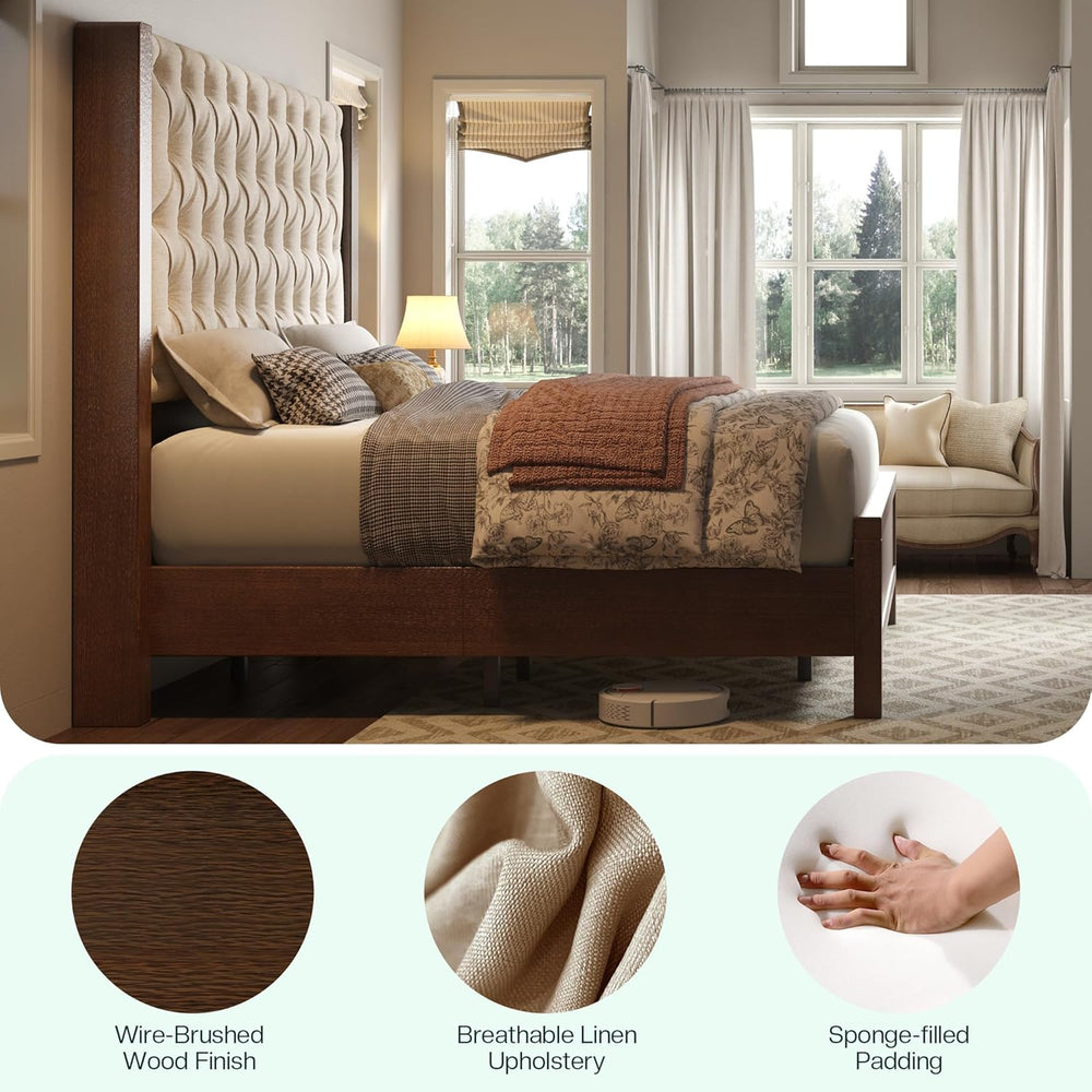 Jocisland Queen Size Solid Wood Bed Frame,57" Wingback Headboard,Walnut
