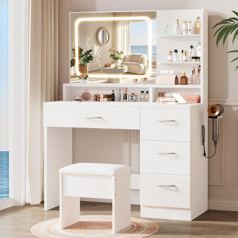 LIVELYGLOW White Makeup Vanity Desk with Charging Station & 4 Drawers | S...