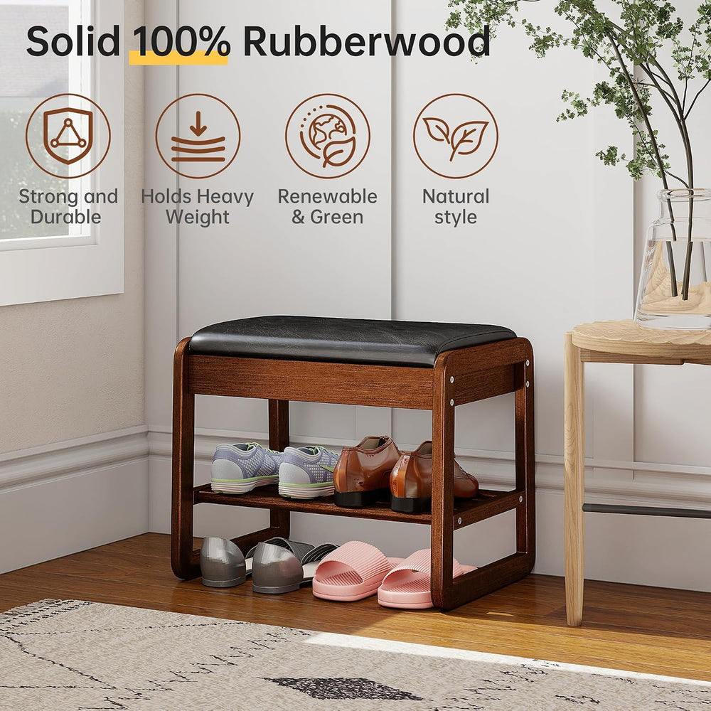 Shoe Rack Bench with Flip-Top Storage, Rubberwood 2-Tier Shoe Organizer with ...