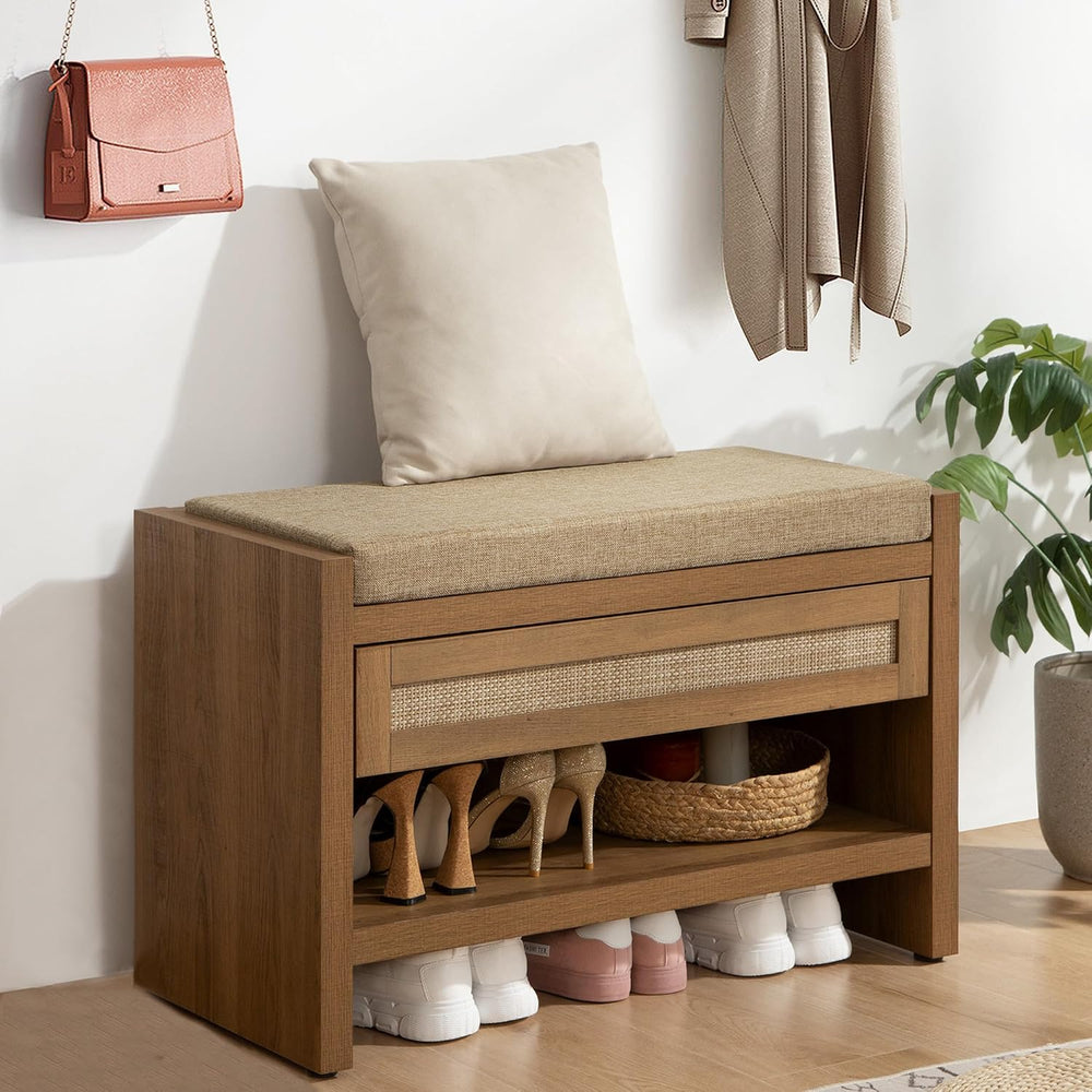 SICOTAS Rattan Shoe Bench Entryway Bench with Storage Drawer, Linen Cushion |...