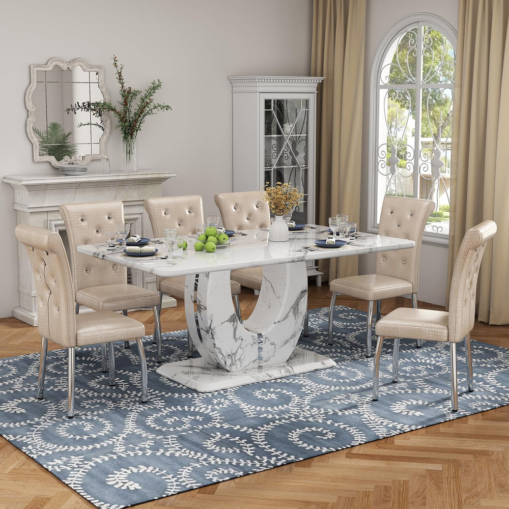 JUFU 63-Inch Faux Marble Dining Table Set for 6, Beige Chairs, Silver Legs | ...