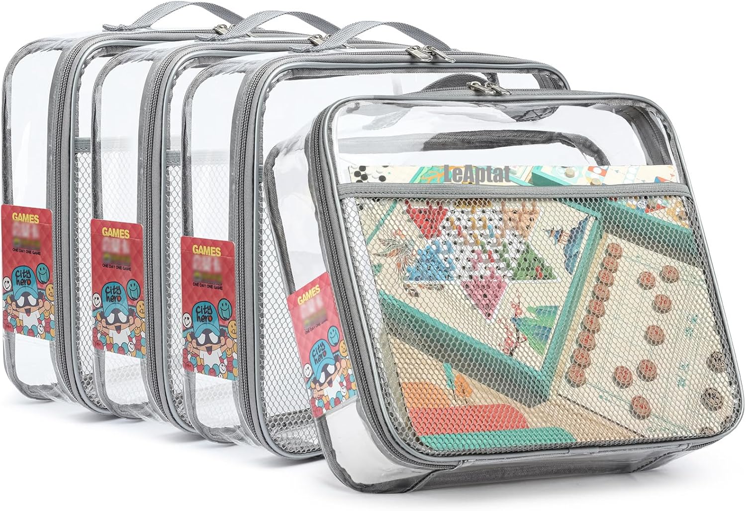 4 Pack Clear PVC Waterproof Toy Storage Bags with Name Tag Pockets - Zippered Organizer for 2x4 Building Blocks, Puzzles, Travel Toiletries, Kids Room Organization (Gray, Small)