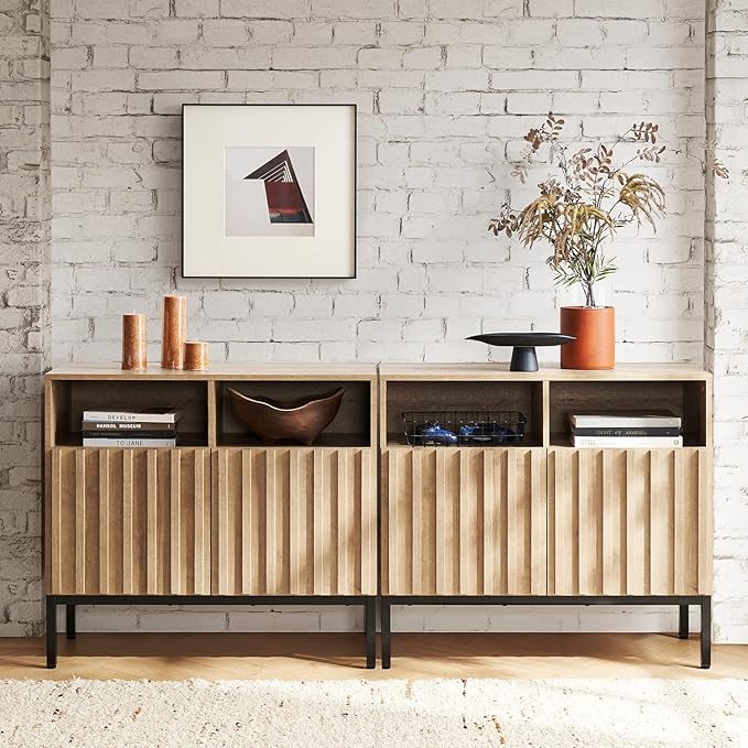 mopio Norwin Storage Cabinet, Sturdy Modern Rustic Industrial Buffet Sideboard, Fluted Accent Storage Cabinets, Credenza, Oak Wood TV Stand, Entertainment Center, Media Console, Living Room (Single)