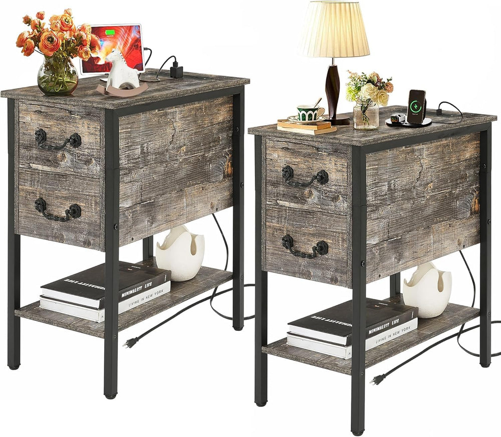 VECELO End Tables,Narrow Nightstands with Charging Station & USB Ports &a...