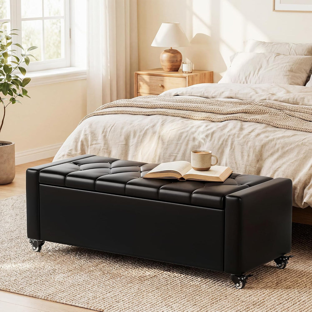 50” Ottoman Bench with Storage, Upholstered Faux Leather End of Bench for Bed...