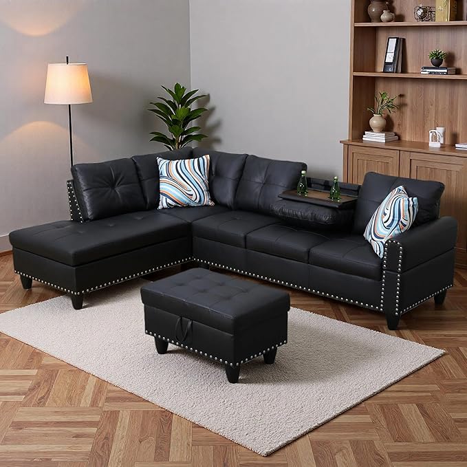 3-Piece L-Shaped Modular Leather Sofa – Convertible Sectional Couch with Movable Chaise & Storage Ottoman, Multi-Scene Use for Living Room, Apartment & Office, Black