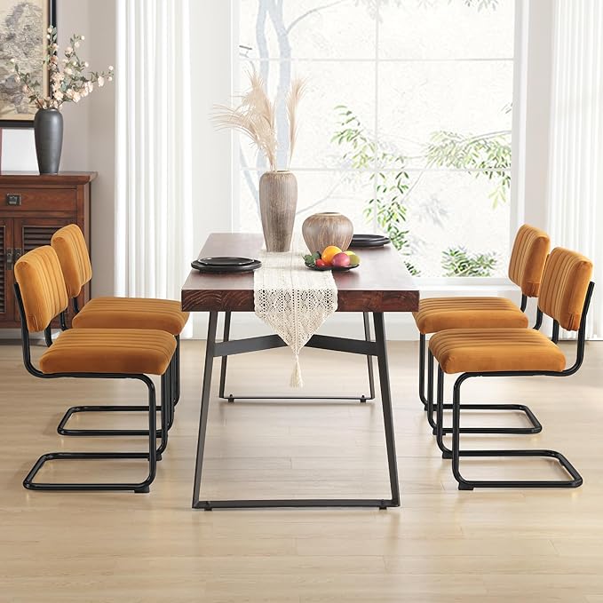 ONEVOG Velvet Dining Chairs Set of 4, Upholstered Kitchen Dining Room Chairs with Striped Open Back, Comfy Orange Chair Armless, Dinner Chair for Party, Black Chrome Metal Legs