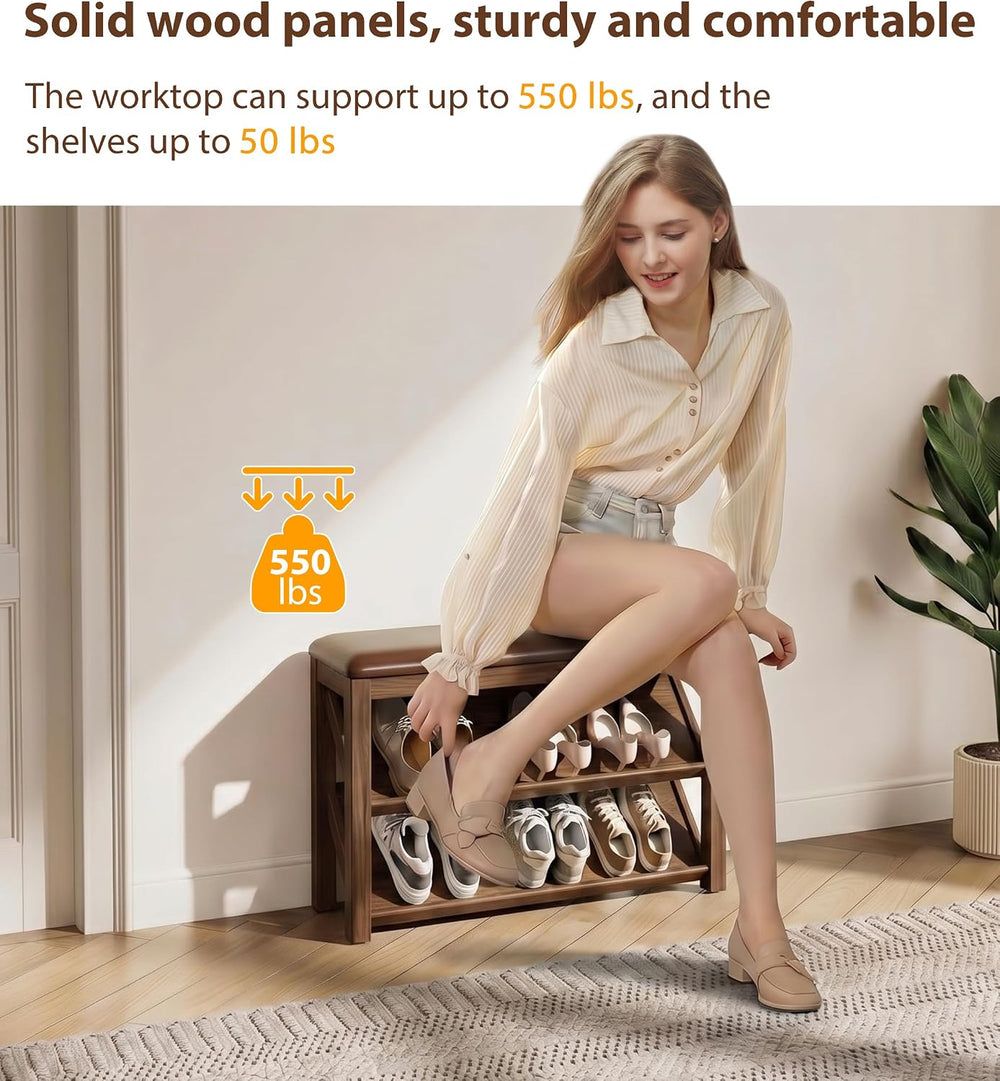 AQIMUELE Rubberwood Shoe Bench with Leather Cushion and Slanted Shelves | Sol...