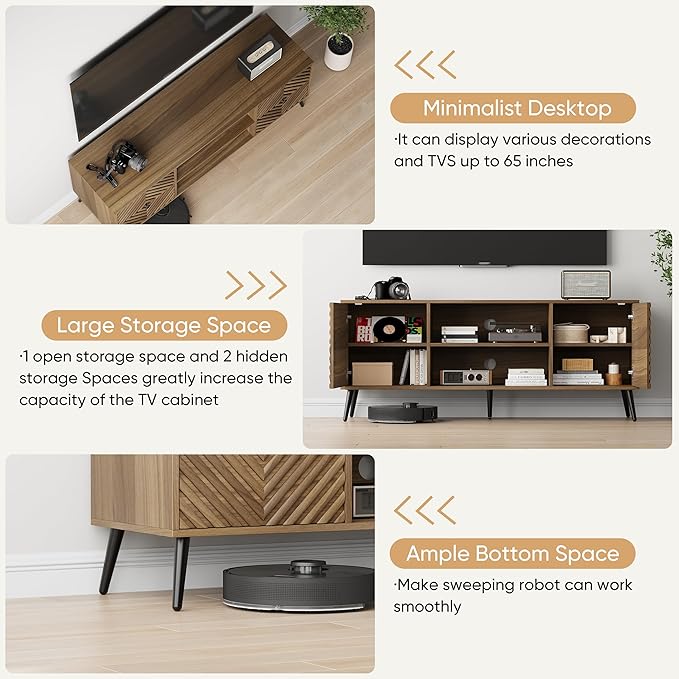 Smuxee Walnut TV Stand with Fluted Diamond Doors, 55.12" Mid Century Modern TV Media Console for TVs up to 65", TV Cabinet with Adjustable Shelf & 2 Cabinets for Living Room