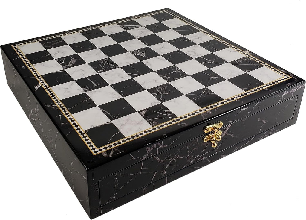 17" High Gloss Chess Storage Board Chest W/ 2 Drawers Black and White Faux Marble Color