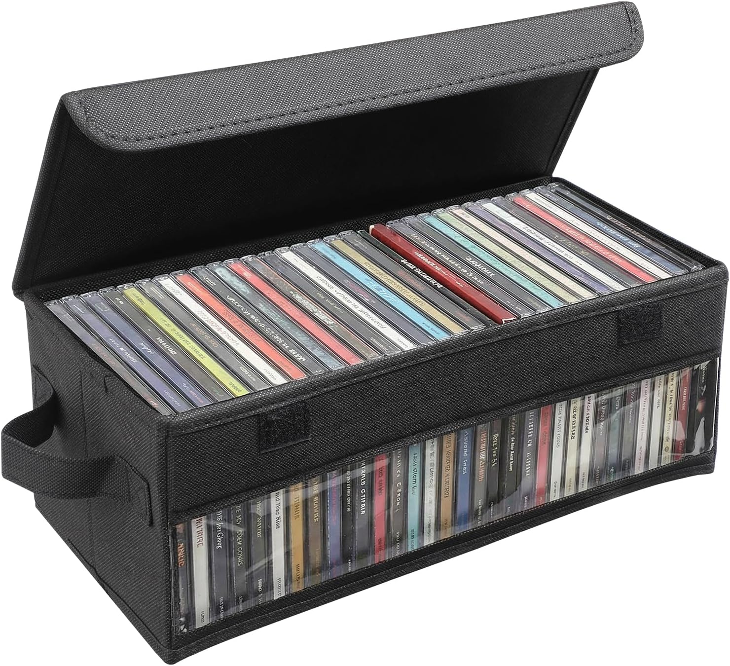 CD Storage Box, CD Case Holder with Handles | 14.17×6.3×5.51in Lid and Clear Window Stackable CD Organizer Box Holds Up to 32 CDs in full jewel cases(Black)
