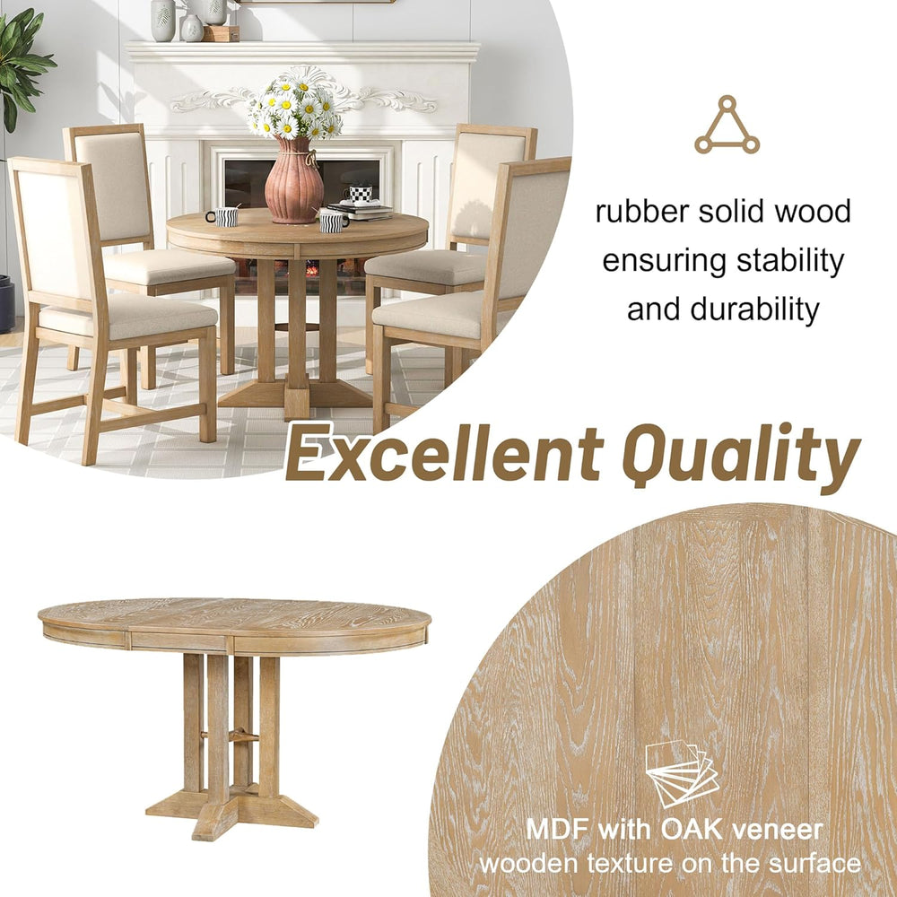 Merax Farmhouse Expandable Round Dining Table, 42 to 56 Inch Vintage Solid Wo...