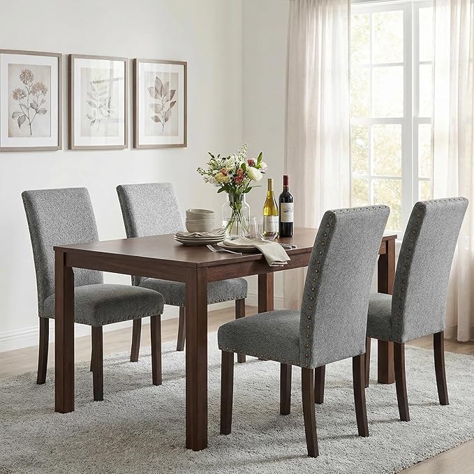 Furniliving Upholstered Dining Chairs Set of 4 - Line Fabric Modern Farmhouse Kitchen Chairs, High-Back Dining Room Chairs with Wooden Legs for Kitchen Dining Room Living Room.Grey