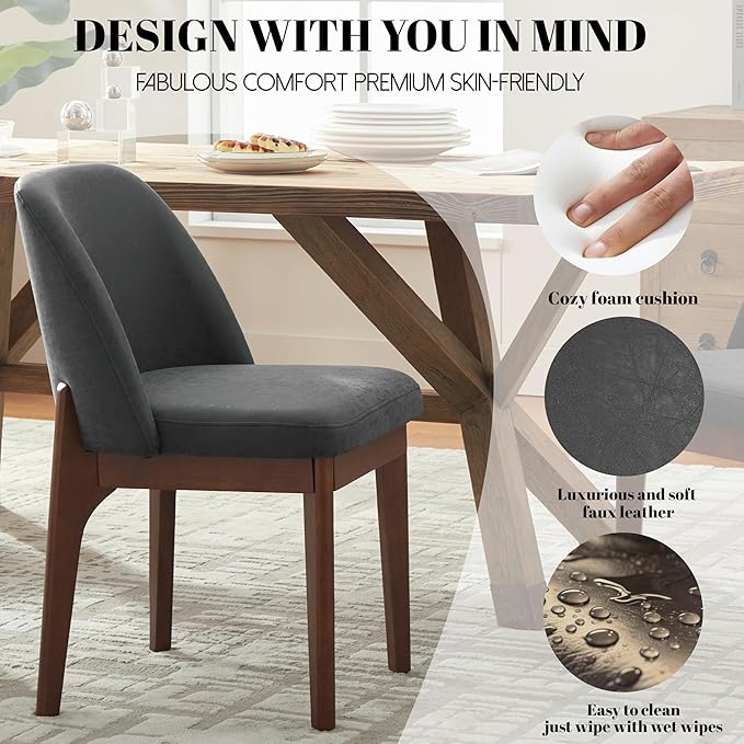 VKNOW Modern Dining Chairs Set of 2, Faux Leather Kitchen Chairs with Wood Le...