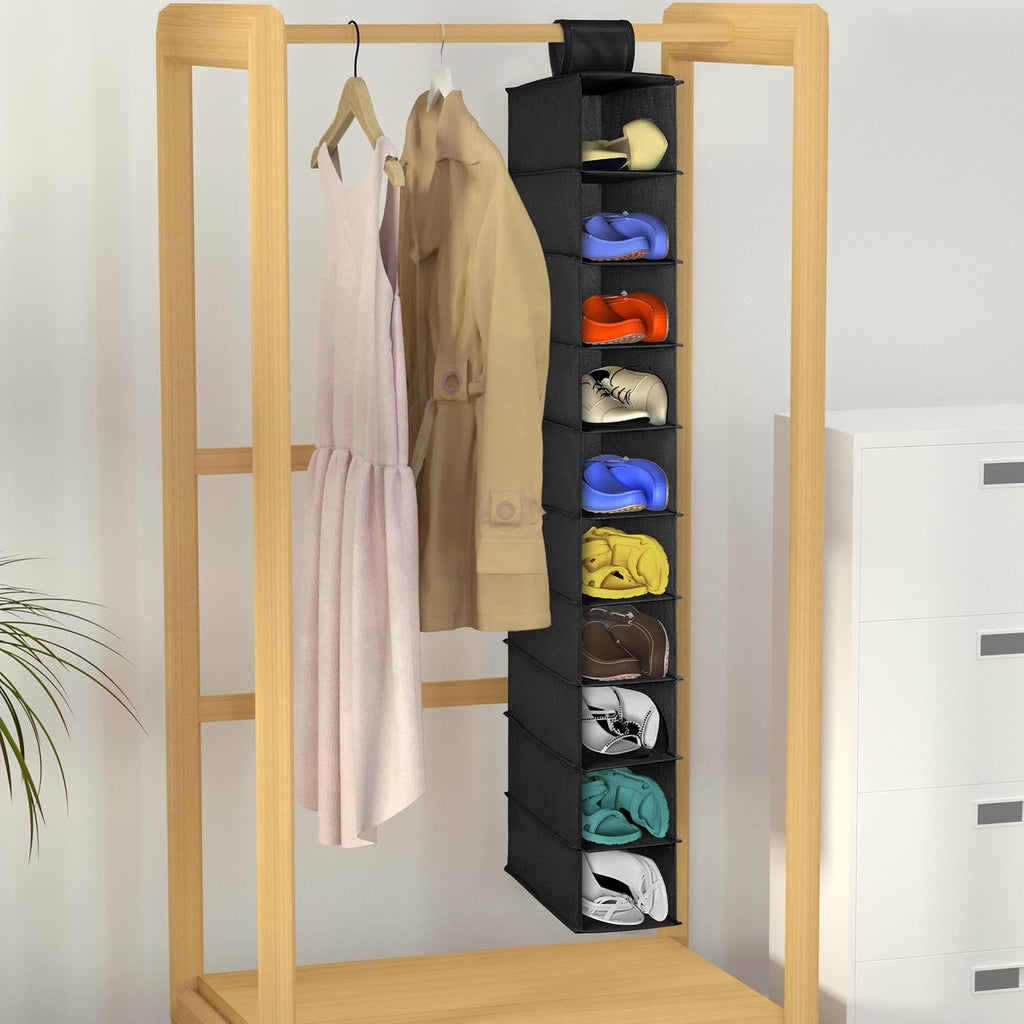 Libeder 10-Shelf Hanging Closet Shoe Organizers and Storage, Black | Hanging Closet Organizer for Wardrode,Dorm, Folding Shoe Racks Hanger, Space Saving Hanging Shelves