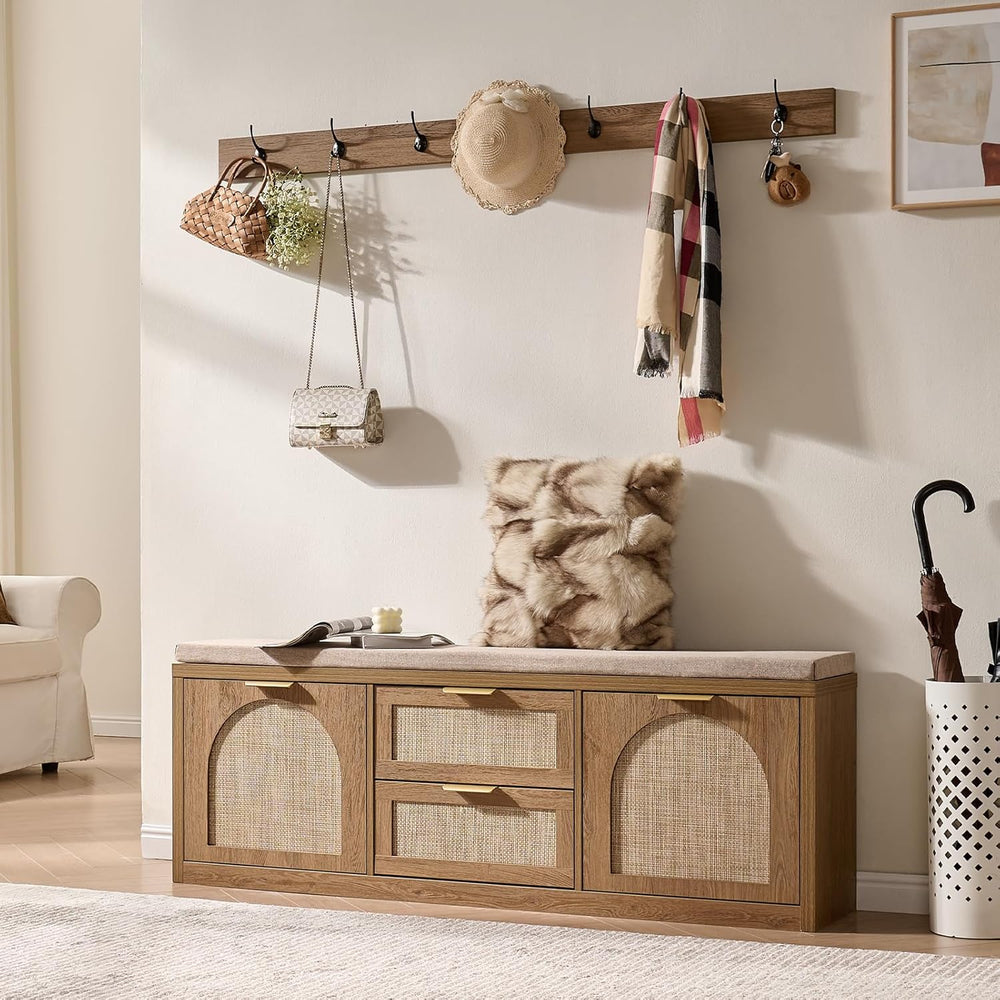 Rattan Narrow Entryway Bench with Shoe Storage, 4 Drawers & Coat Rack, Mi...