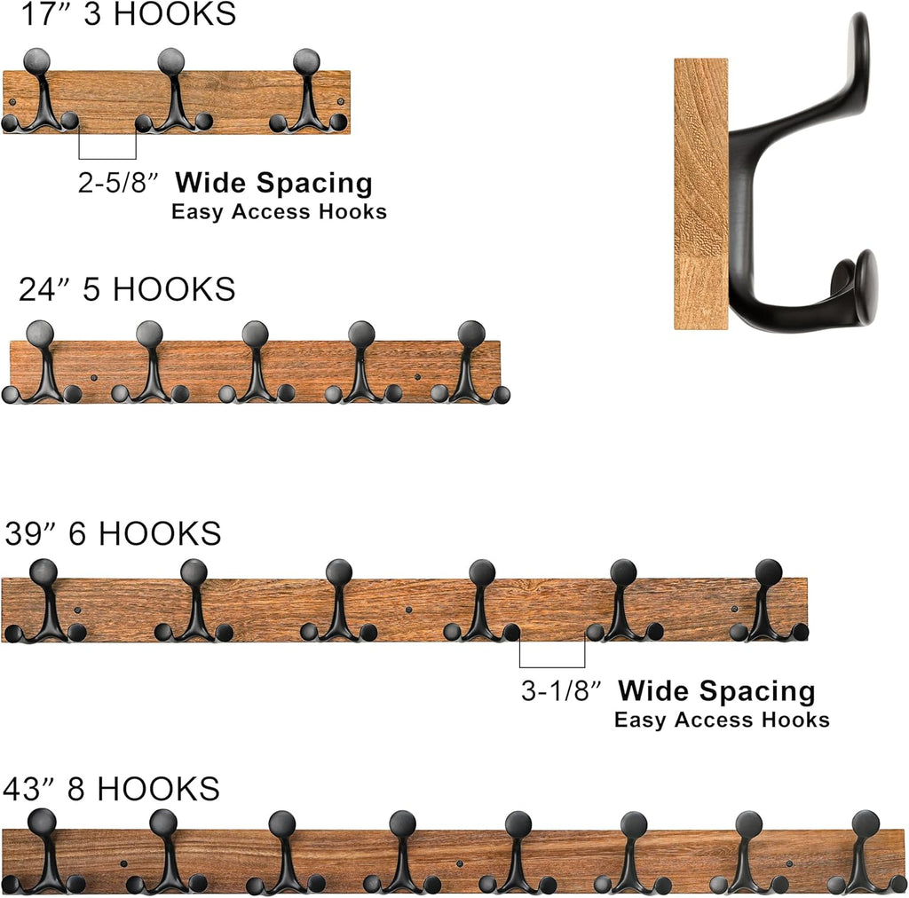 SKOLOO 24-Inch Wood Burnt Coat Rack Wall Mount with 5 Triple Hooks - Ideal for Family Entrances, Classrooms, and Pet Supplies Storage - Perfect Coat Hooks for Wall
