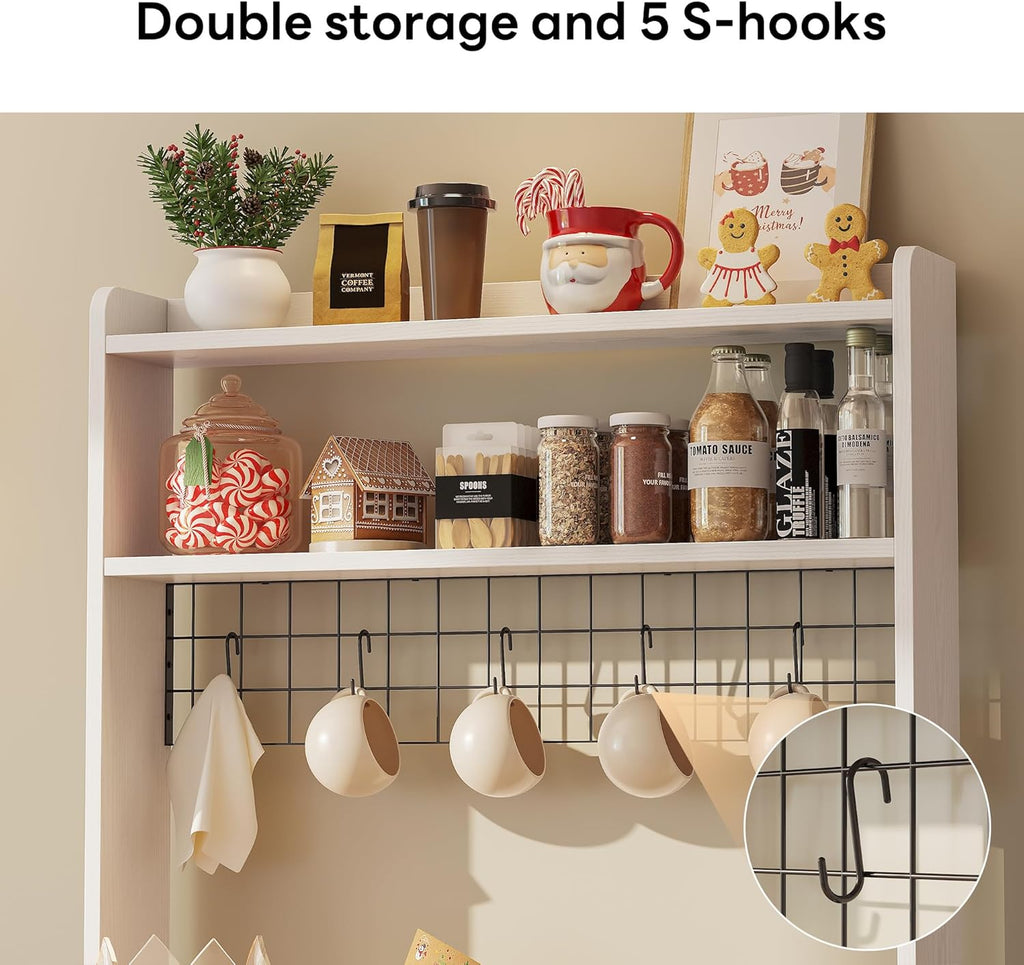 LIKIMIO Baker Rack with Spill-Safe Power Outlet & Drawer, Coffee Bar Cabinet with Storage, Farmhouse Microwave Stand with Hutch and 5 Hooks for Kitchen, White