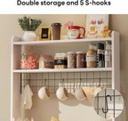 LIKIMIO Baker Rack with Spill-Safe Power Outlet & Drawer, Coffee Bar Cabinet with Storage, Farmhouse Microwave Stand with Hutch and 5 Hooks for Kitchen, White