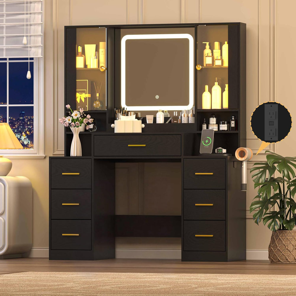 Wodeer Black Makeup Vanity Desk with Mirror & Lights, Modern Vanity Table...