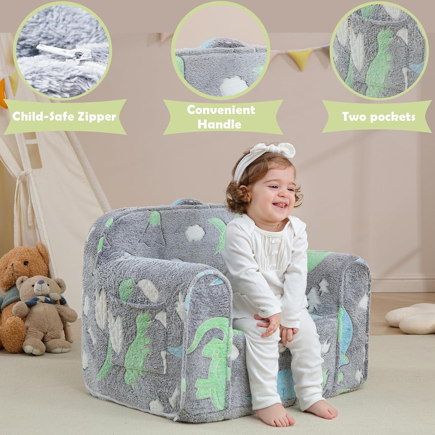 Toddler Chair,Kids Armchair,Kids Foam Chair,Toddler Couch,Glow Dino | Comfy kids armchair,toddler reading chair,kids foam chair,glow-in-the-dark dino,removable cover, no assembly
