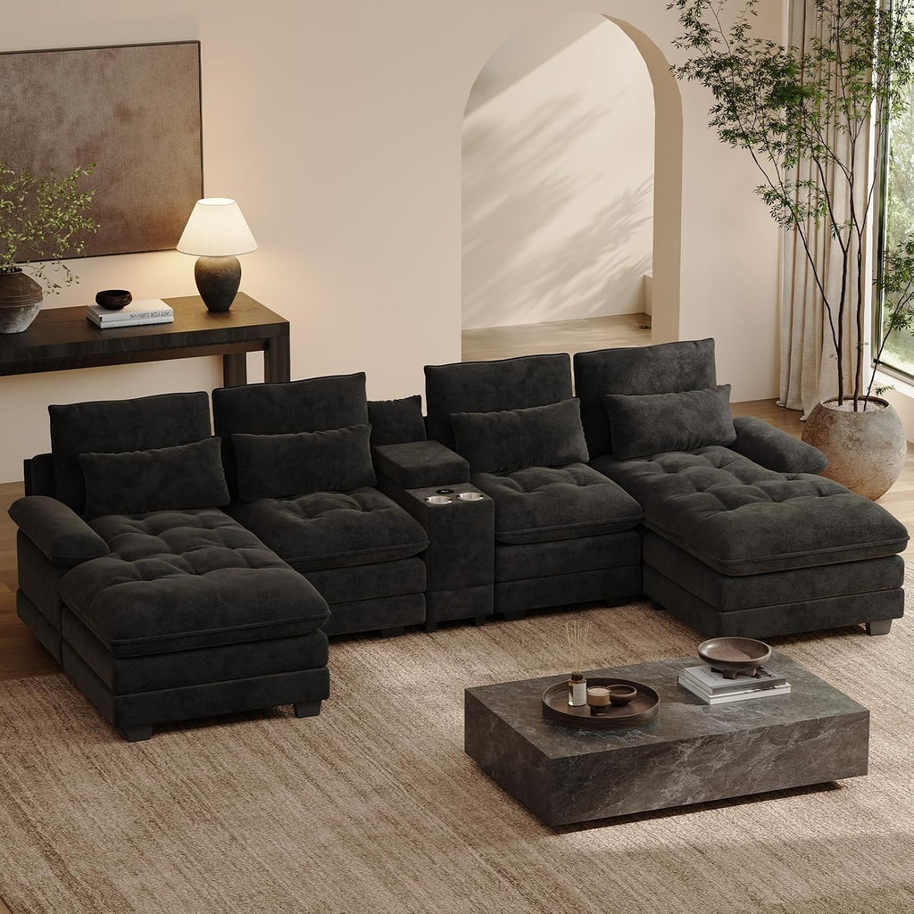 134" U Shaped Modular Black Sectional Couches for Living Room | Oversized 6-seat U-shaped sectional with chaise lounge, tufted chenille fabric and a storage console for plush comfort.