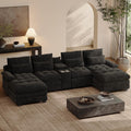 134" U Shaped Modular Black Sectional Couches for Living Room | Oversized 6-seat U-shaped sectional with chaise lounge, tufted chenille fabric and a storage console for plush comfort.