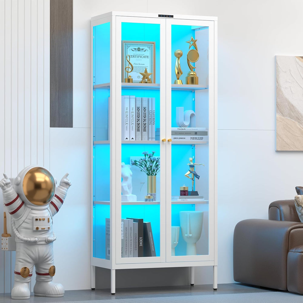 UNICOLY Display Cabinet with Glass Doors, Glass Display Cabinet with 8 Color ...