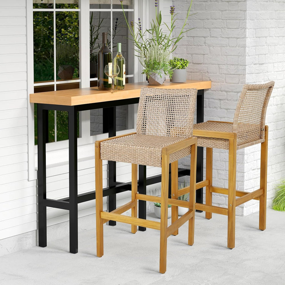 Tangkula Patio Wood Barstools Set of 2, PE Rattan Bar Height Chairs with Back...
