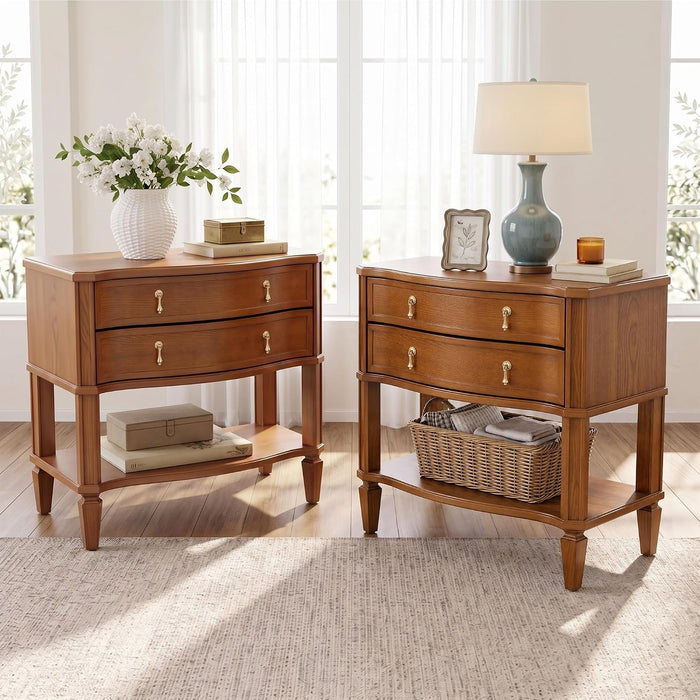 27.5" Wide Extra Large with Nightstand Set of 2 Charging Station & Open Shelf, Pre-Assembled,Vintage Bedside Table w/2 Drawers, Curved Design, Farmhouse End Side Table with Solid Wood Legs for Bedroom