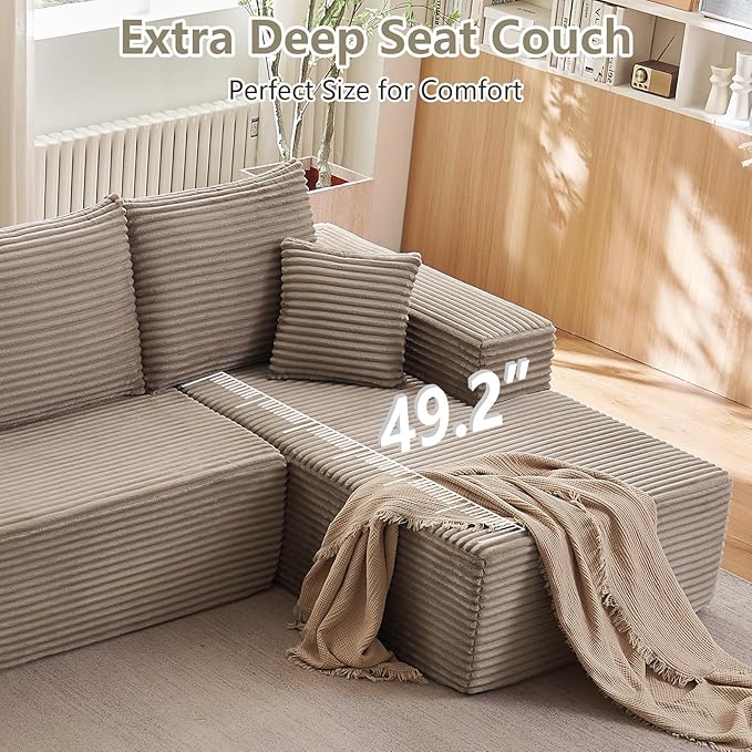 166.9" Cloud Sectional Couch with L-Shape Chaise, Upholstered Corduroy Couches Sleeper with Deep Seat, Modern Modular Comfy Sofa Chaise Longue for Living Room Bedroom, No Assembly Required, Camel
