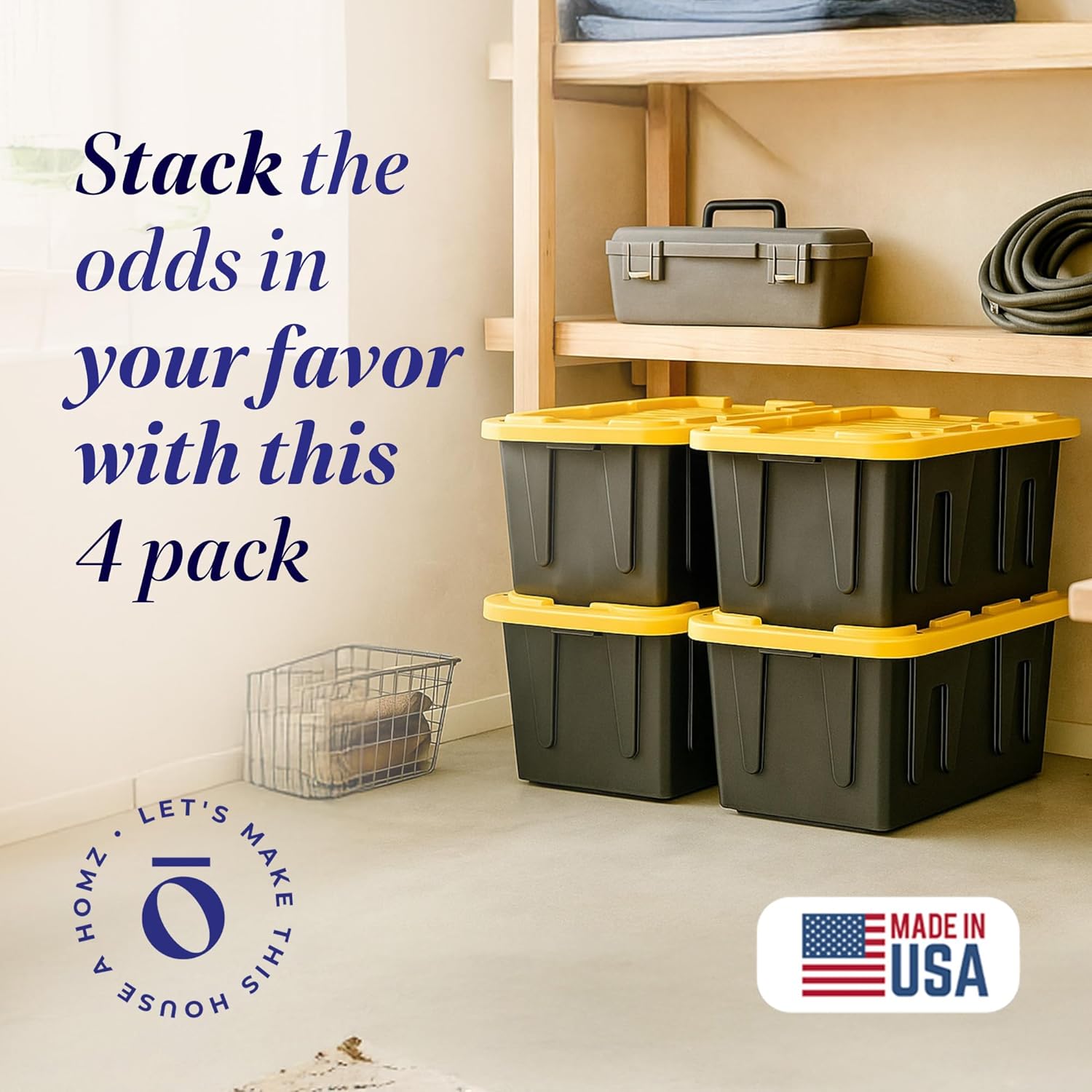 HOMZ 4-Pack Durabilt Tote, Heavy Duty Plastic Storage Bins with Lids, 27 Gallon, Black/Yellow - Stackable Organizing Containers for Home, Garage, and Shed