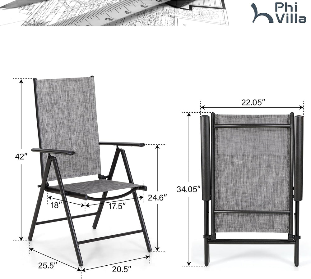 PHI VILLA Outdoor Folding Dining Chairs Set of 4, Adjustable Backest, Grey